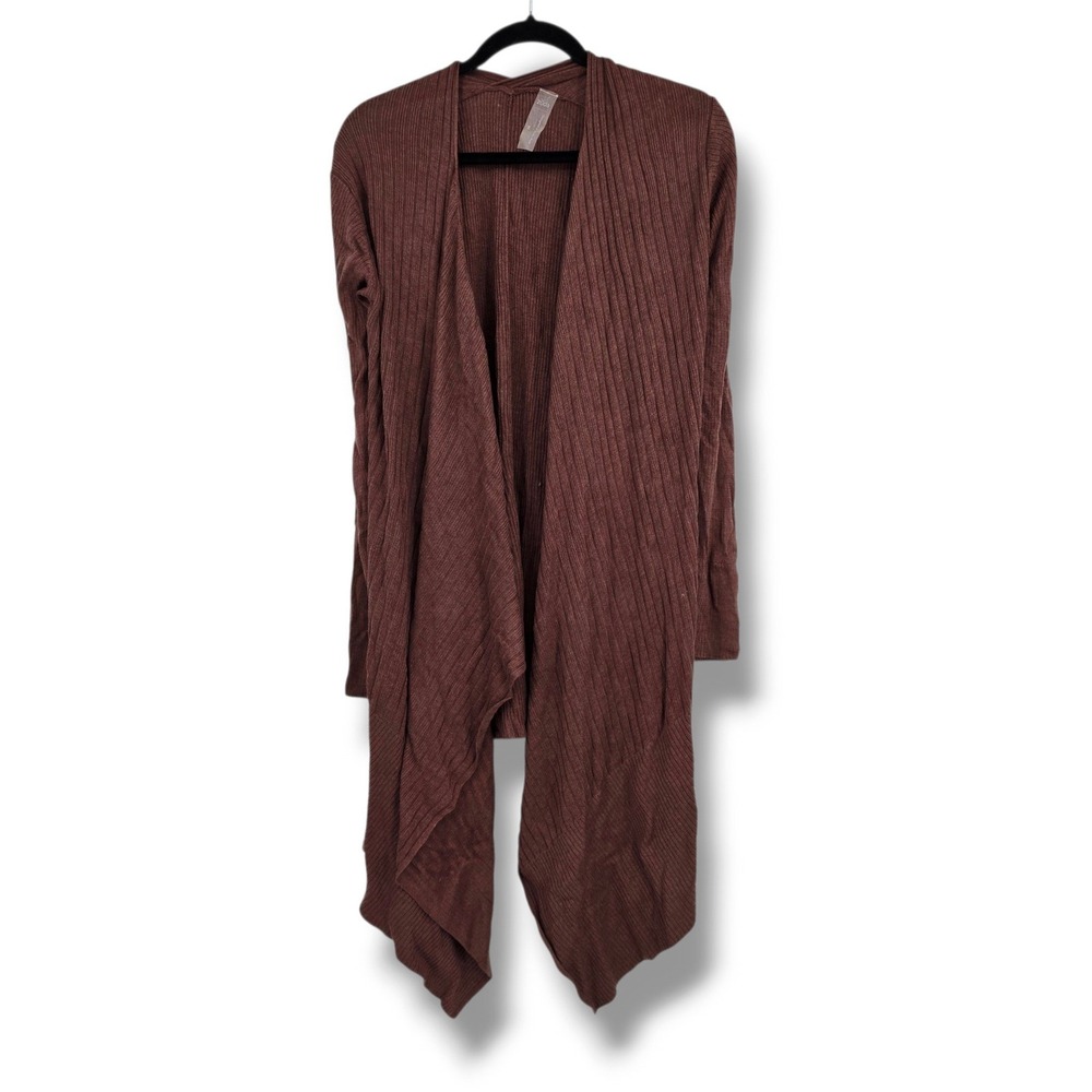 Zuda Ribbed Knit Draped Open Front Longline Cardigan Rust Brown Size XS